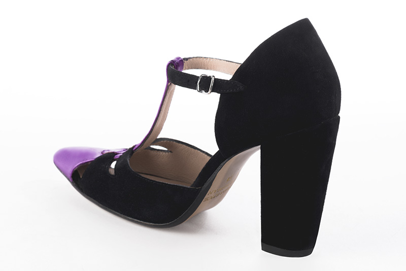 Violet purple and matt black women's T-strap open side shoes. Tapered toe. Very high block heels. Rear view - Florence KOOIJMAN